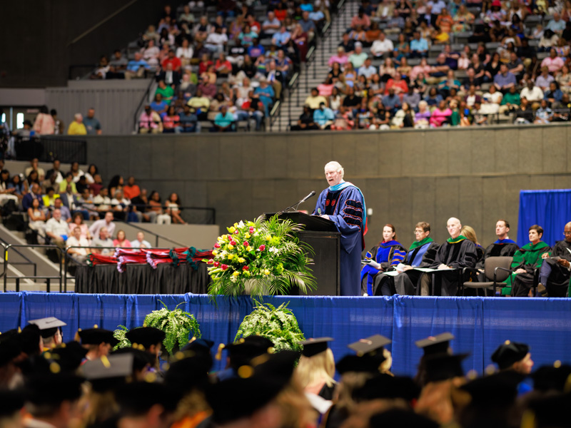 Glenn Boyce, University of Mississippi chancellor, delivers remarks during the May 2025 commencement ceremony. Joe Ellis/ UMMC Communications