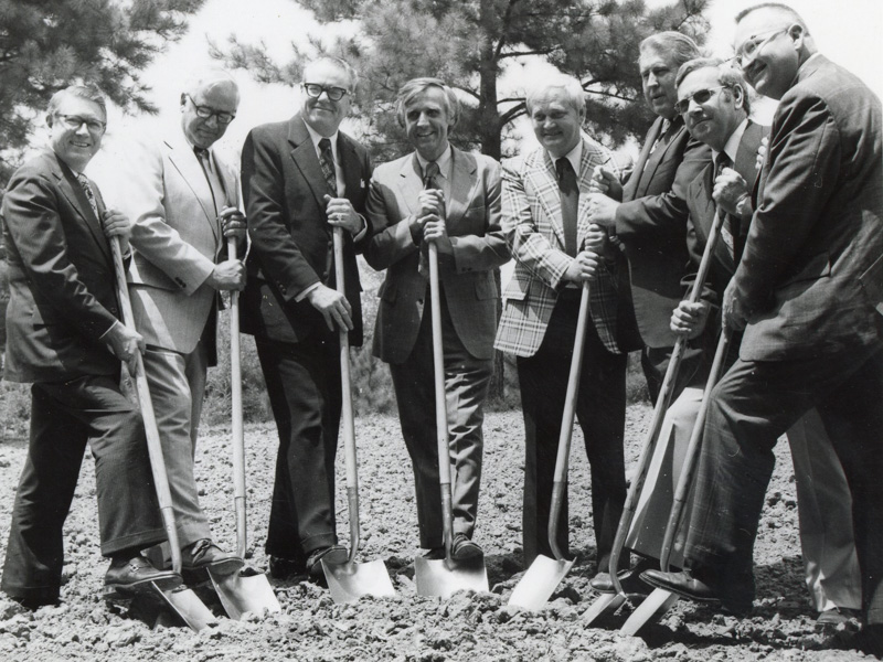 Officials break ground on the original School of Dentistry Building including, from left, Dr. Porter Fortune, University of Mississippi chancellor; Russell C. Davis, mayor of Jackson; Dr. Marshall Fortenberry, representative for the American Dental Association Council on Dental Education; Rep. Billy R. Gibson of Bruce Construction; Gov. William L. Waller; J.L. (Pete) McGee, president of the Hinds County Board of Supervisors, Dr. Norman Nelson, UMMC vice chancellor.