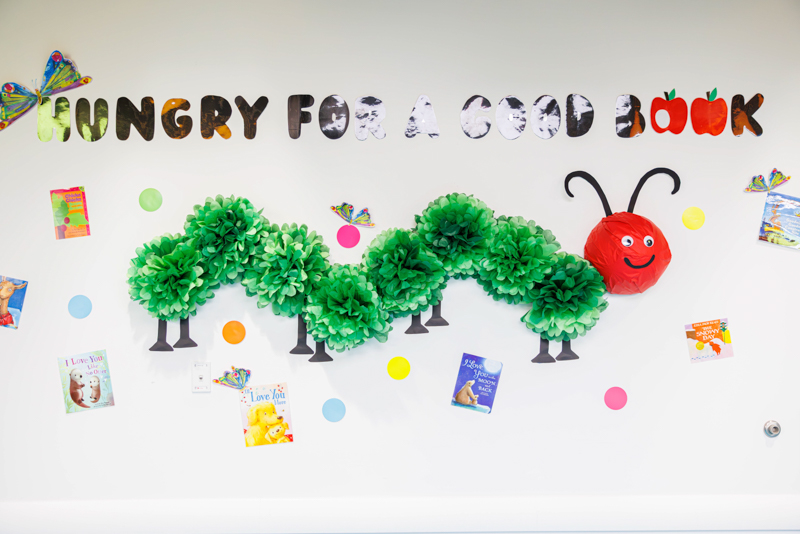 Decorations for the Babies with Books Read-a-thon were inspired by "The Very Hungry Caterpillar" by Eric Carle.