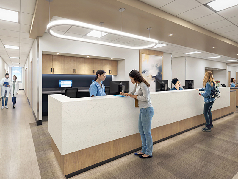 Patients are shown signing in for clinical care in this architectural rendering.