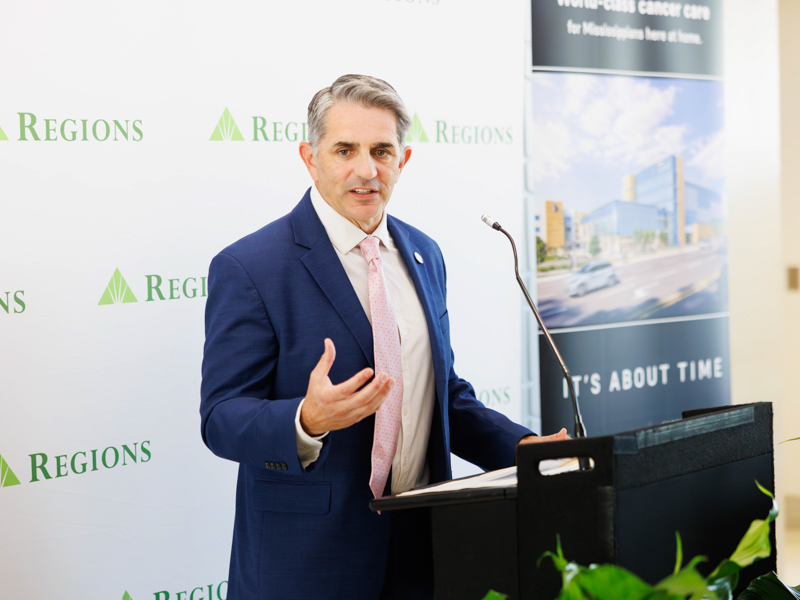 Dr. Rod Rocconi, Ergon Chair for Cancer Research and CCRI director, tells news conference attendees of the need for advanced cancer care in the state.