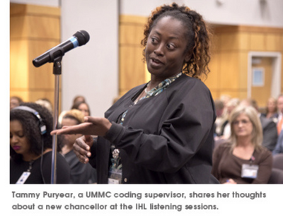 Tammy Puryear, a UMMC coding supervisor, shares her thoughts about a new chancellor at the IHL listening sessions.