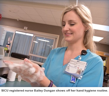 SICU RN Bailey Dungan shows off her hand hygiene routine. 
