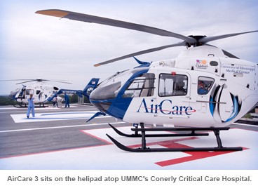 AirCare helicopter sits atop UMMC's Conerly Critical Care Hospital helipad. 