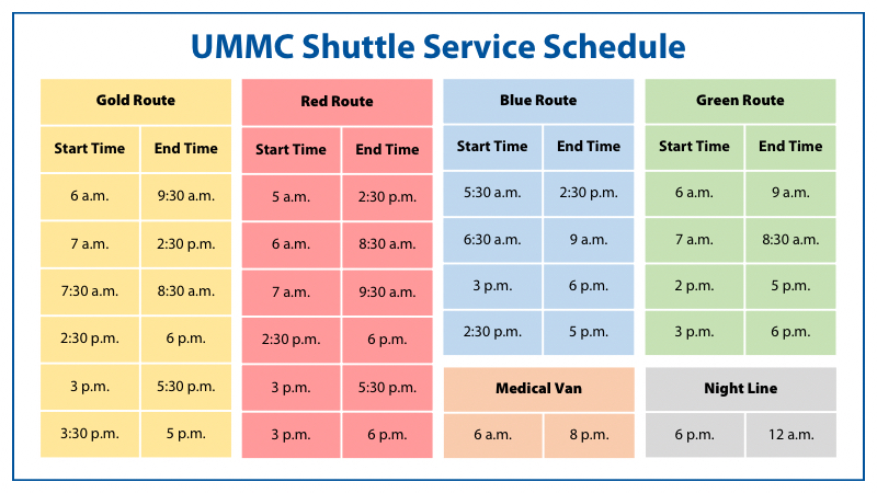 The Shuttle Service Schedule shown in colorful blocks.