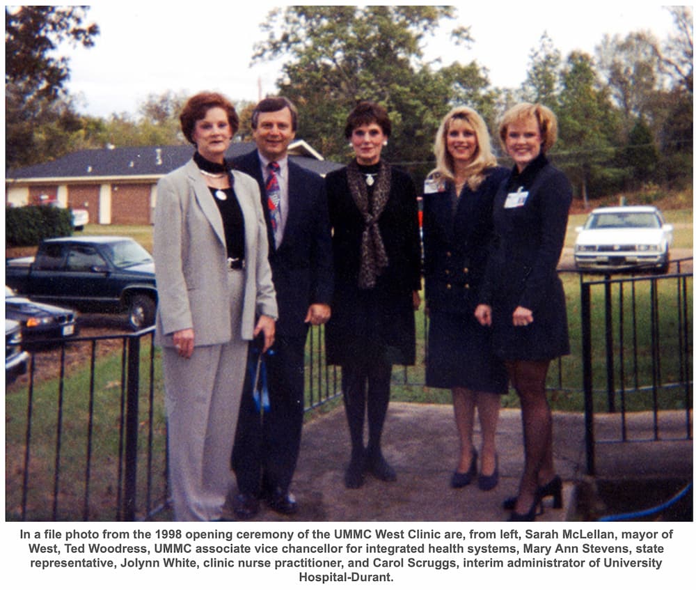 In a file photo from the 1998 opening ceremony of the UMMC West Clinic are, from left, Sarah McLellan, mayor of West, Ted Woodress, UMMC associate vice chancellor for integrated health systems, Mary Ann Stevens, state representative, Jolynn White, clinic nurse practitioner, and Carol Scruggs, interim administrator of University Hospital-Durant.