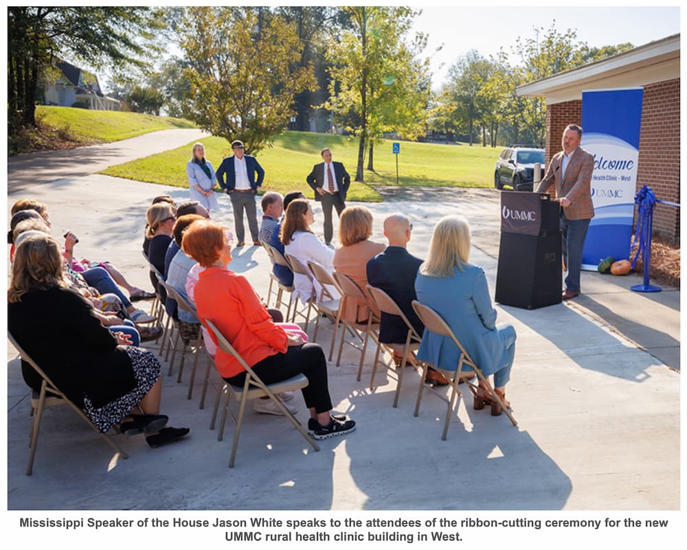 Mississippi Speaker of the House Jason White speaks to the attendees of the ribbon-cutting ceremony for the new UMMC rural health clinic building in West.