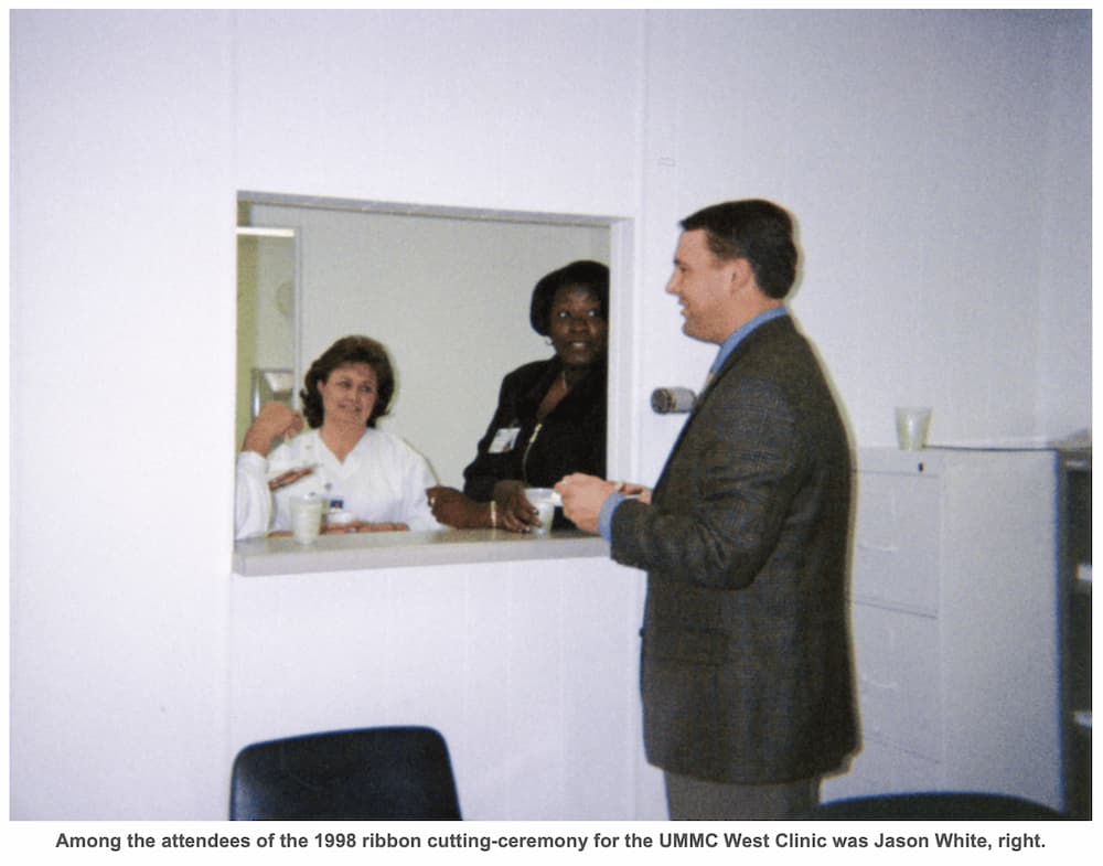 Among the attendees of the 1998 ribbon cutting-ceremony for the UMMC West Clinic was Jason White, right.