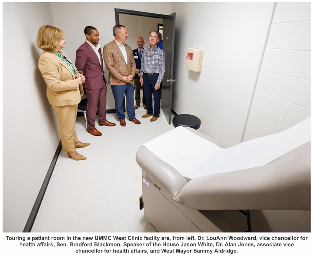 Touring a patient room in the new UMMC West Clinic facilty are, from left, Dr. LouAnn Woodward, vice chancellor for health affairs, Sen. Bradford Blackmon, Speaker of the House Jason White, Dr. Alan Jones, associate vice chancellor for health affairs, and West Mayor Sammy Aldridge.