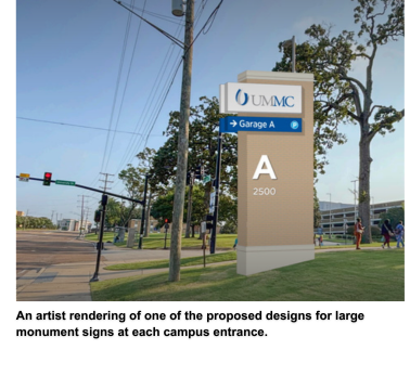 An artist rendering of one of the proposed designs for large monument signs at each campus entrance.