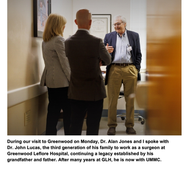 During our visit to Greenwood on Monday, Dr. Alan Jones and I spoke with Dr. John Lucas, the third generation of his family to work as a surgeon at Greenwood Leflore Hospital, continuing a legacy established by his grandfather and father. After many years at GLH, he is now with UMMC.