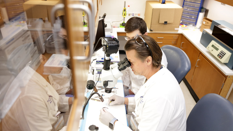 Researchers in a laboratory using a microscope and tools at a workstation surrounded by lab equipment, computers and supplies.