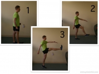 Man performing dynamic straight-leg kick exercise. 