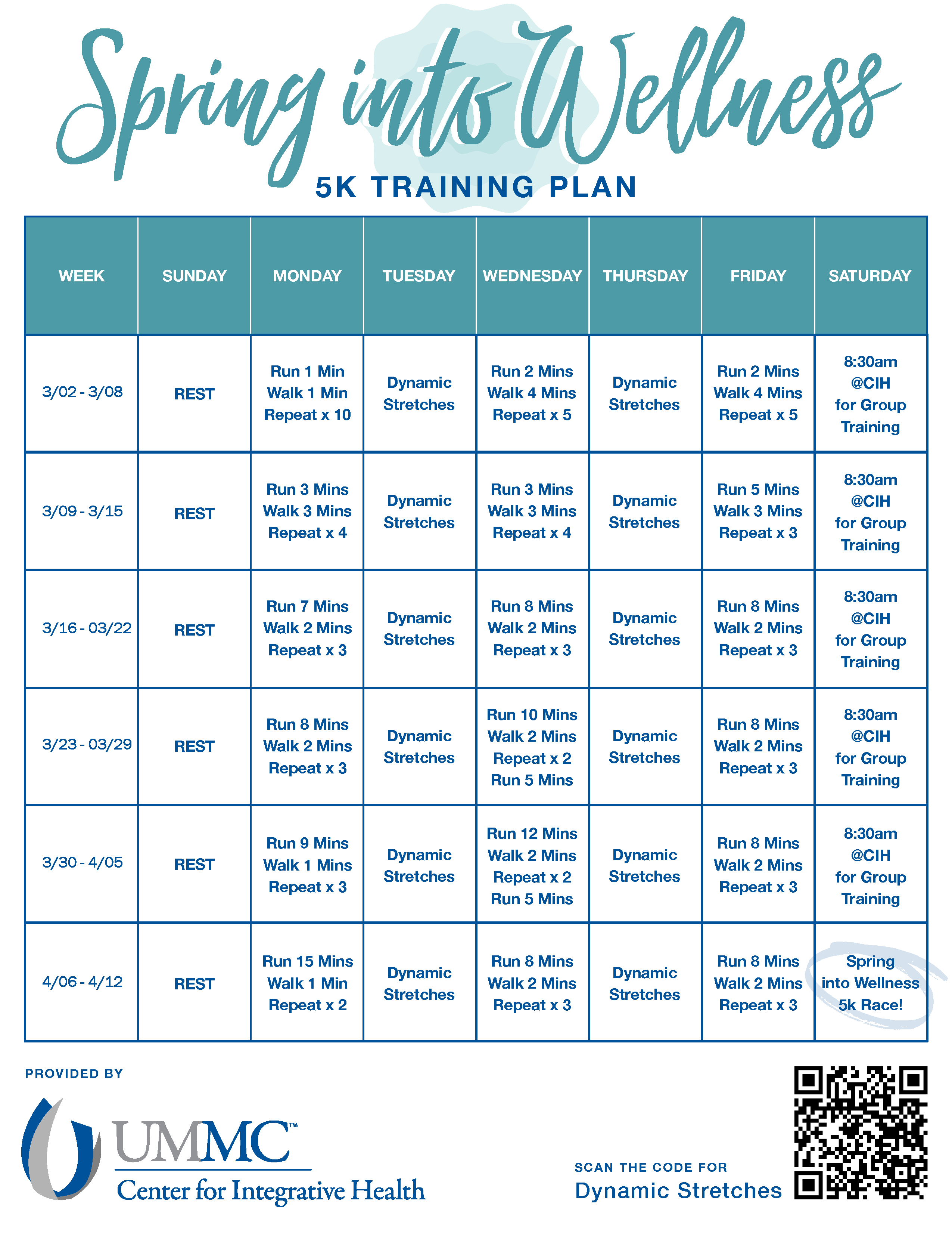 Calendar for the Spring into Wellness 5K Training Guide. Go to the image long description for specifics.