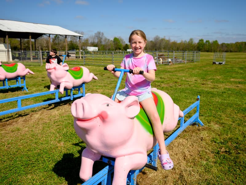 A girl sits atop a pig ride during Family Fun Day 2026.