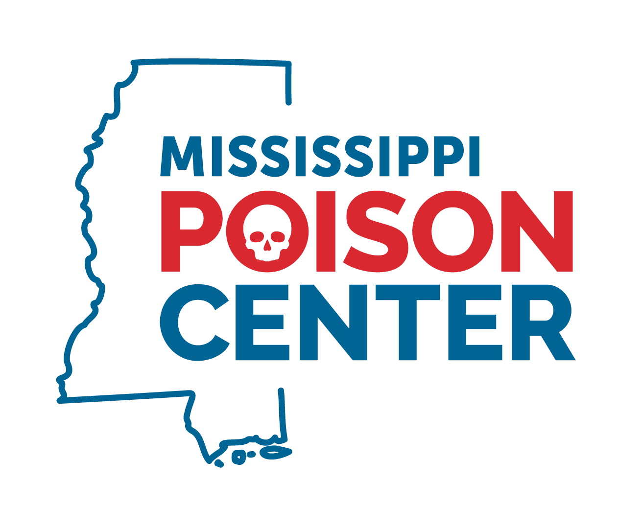 Mississippi Poison Control Center logo with outline of state of Mississippi and text of Mississippi Poison center.