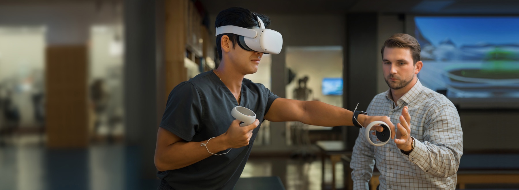 Patient uses virtual reality headset as part of physical therapy.