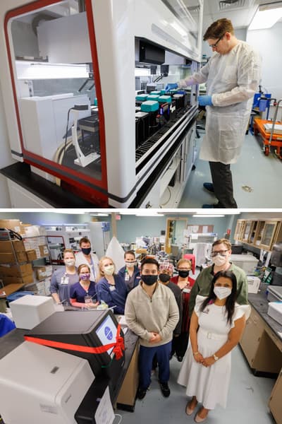 Collage of two photos. Top: Daniel Waltman, molecular pathology specialist, prepares plates loaded with DNA fragments, known as a library, before the samples go onto the next-generation sequencing machine. Bottom: The molecular pathology team at UMMC is celebrating the capacity to perform for the first time in-house genetic testing for certain cancers using next generation sequencing, a technique that can scan for many different genes at once.