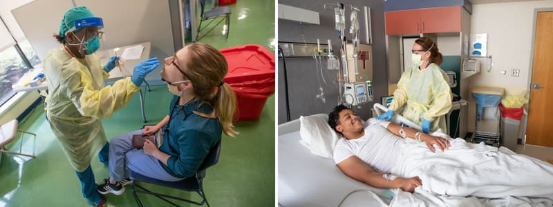 Two images side by side. On the left, Certified medical assistant BAnca Wallace administers a COVID-19 test to employee Kelsie Huffman. On the right, Registered nurse Helen Ann Campbell checks on Keelyn Green, a Jackson high-schooler recovering at Children's of Mississippi from a serious bout with COVID-19.