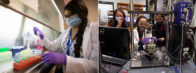 Collage of two research achievement photos. On the left, UMMC's Molecular and Genomics Core Facility Researcher Raima Sen. On the right, Interprofessional education and research collaboration among Ph.D. student Jaccare Jauregui Ulloa, left, Nena Hawkins, center and mentor Dr. Salazar Marocho measuring the bond strength of resin-bonded sample after laser irradiation in a medium simulating body temperature. 