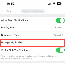 “Manage My Profile” option highlighted.