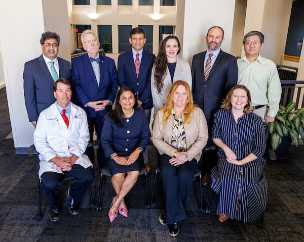 Winners of OAVCR Excellence Awards who are affiliated with the UMMC Cancer Center and Research Institute include, seated, from left, Dr. David Stec, who serves on the CCRI Faculty Recruitment Committee, Meritorious Research Service-Faculty Award; Dr. Seema Singh, CCRI associate director of education and training, full member, bronze; Dr. Candace Howard-Claudio, full member, silver; Dr. Cynthia Karlson, full member, bronze; and standing, Dr. Ajay Singh, CCRI associate director of basic and translational research, full member, gold; Dr. Gailen Marshall, full member, platinum; Dr. Vinayak Nahar, affiliate member, Richard L. Summers Outstanding Achievement in Clinical Research; Dr. Brigitte Martin, affiliate member, silver; Dr. Matthew Kutcher, clinical member, silver; and Dr. Yufeng Zheng, full member, bronze.