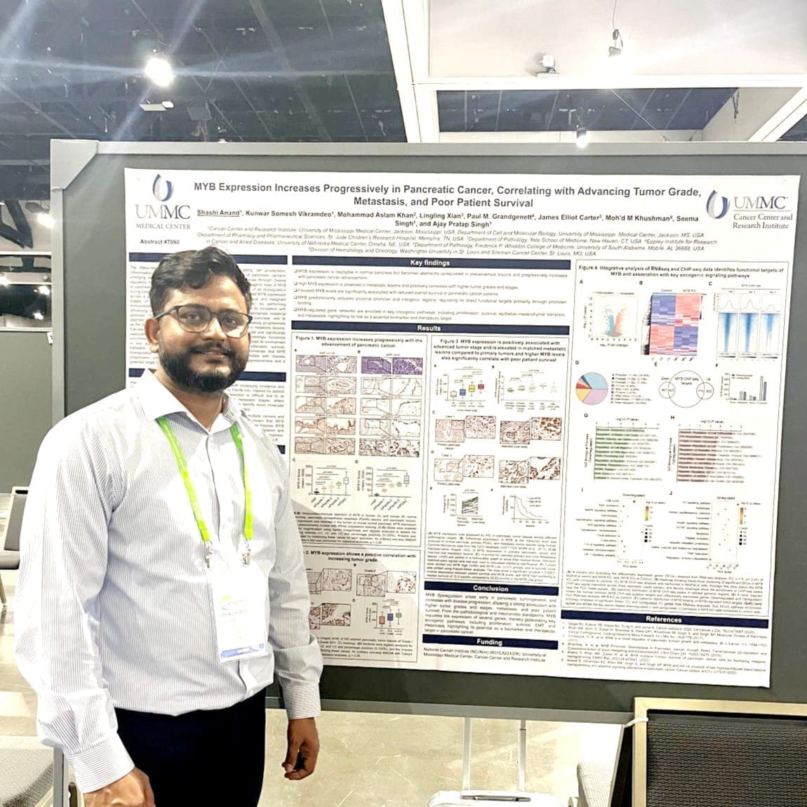 Dr. Shashi Anand smiles beside his research poster at the AACR Annual Meeting.