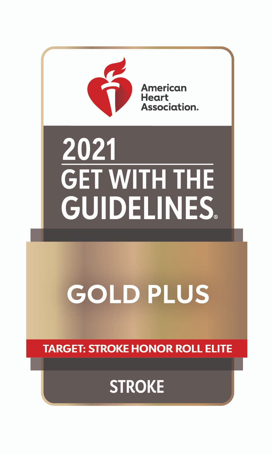 American Heart Association: 2021 Get with the Guidelines. Gold Plus. Target: Stroke Honor Roll Elite. Stroke Award.