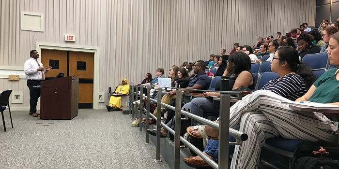 Dr. Demondes Haynes addresses students