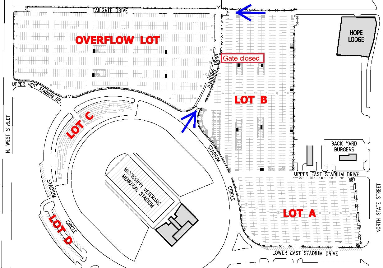 Map of UMMC parking lot with a closure noted at the gate between lot B and the Overflow lot.