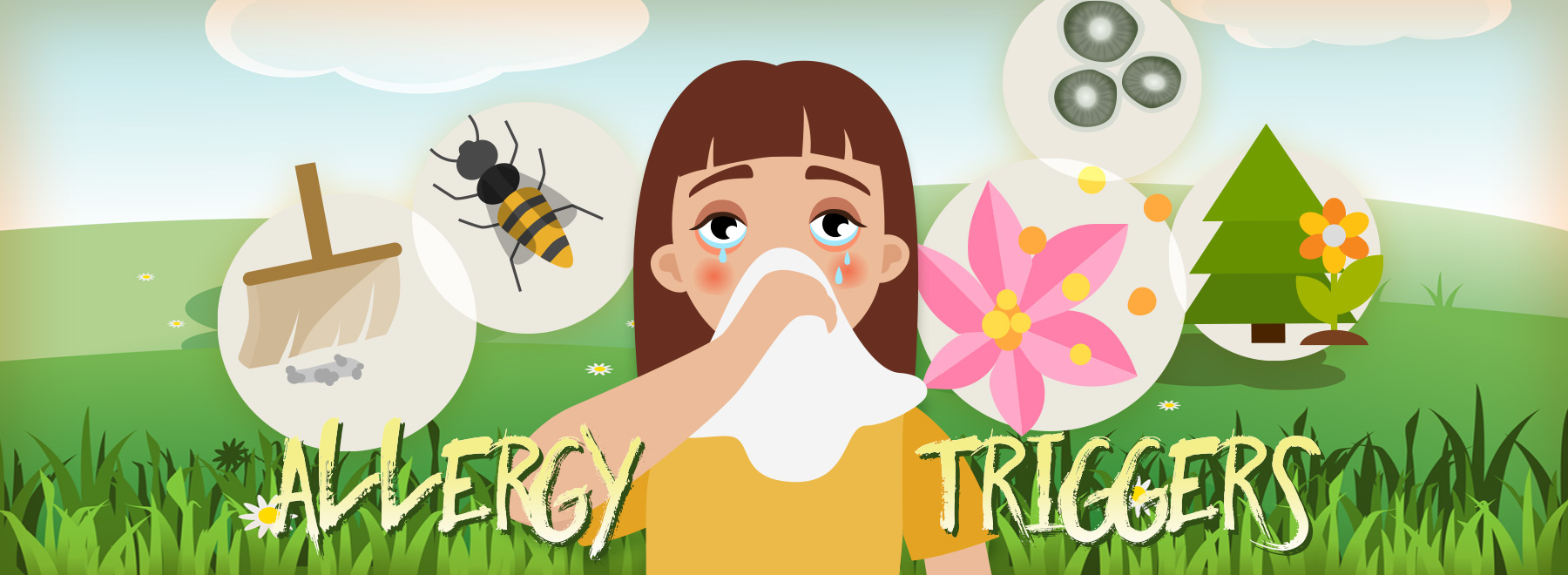 Illustration of child blowing nose from allergies, pollen, insect, dust, grass and mold