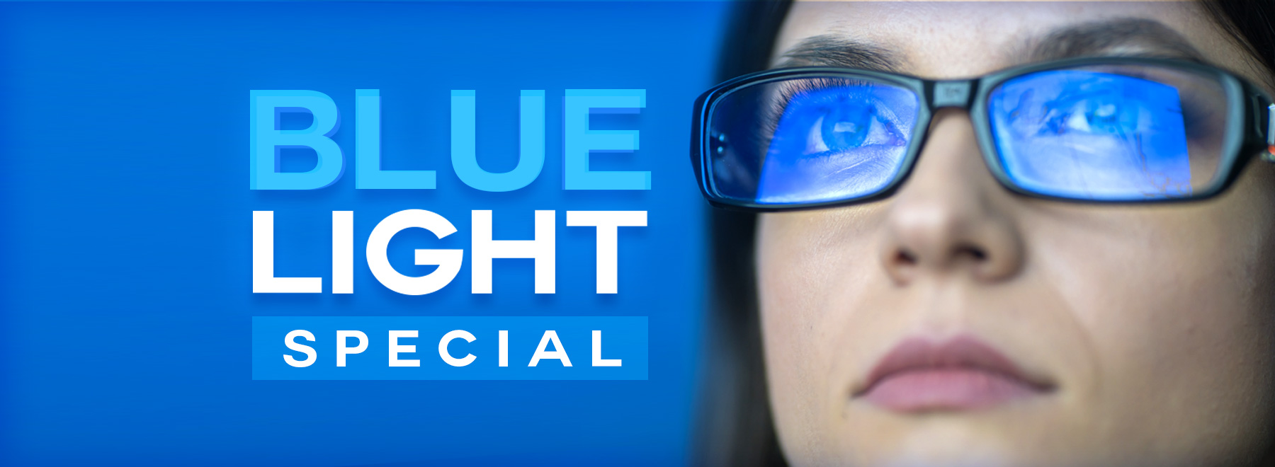 Caucasian Woman wearing blue light blocking glasses.