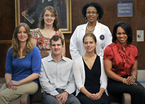 UMMC faculty will mentor six students participating in the GE-NMF Primary Care Leadership Program. The students are, seated from left, Carolita Heritage from UMMC, Hal Flowers from UMMC, Caroline Price from the University of Alabama-Birmingham, Jaleen Sims from Southern Illinois University School of Medicine, and standing from left, Kristie Alvarez from UMMC and Tiffany Jackson from Mercer University School of Medicine.