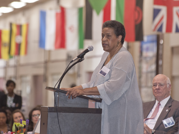 Evers-Williams speaks at the June 2014 grand opening ceremony of the Evers-Williams Institute for the Eliminations of Health Disparities