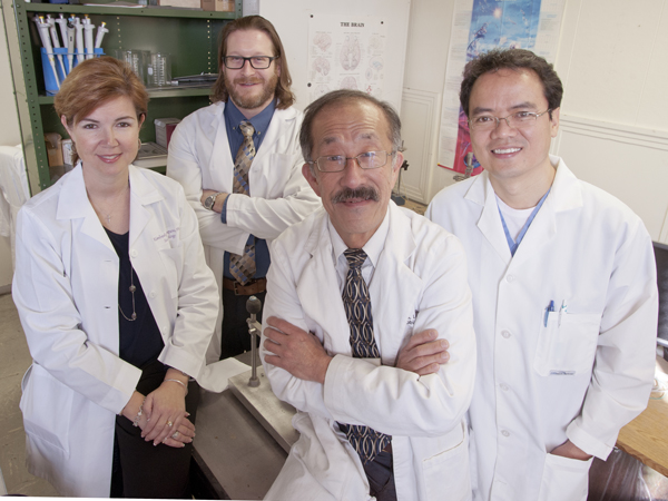 The UMMC team that helped discover behavioral training to rewire the brains of rodents are pictured here from the Department of Neurobiology and Anatomical Sciences. From left, Dr. Kimberly Simpson, Dr. Ryan Darling, Dr. Rick Lin and Dr. Yuegen "Jordan" Lu.
