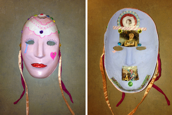 Former art therapy patient J.K. decorated the outside of her mask with bright colors to reflect the happy face she shows to the world; but for the inside, she resorted to more somber blue -- the "color" of depression and of the apparent teardrop leaking from the mask's right eye.