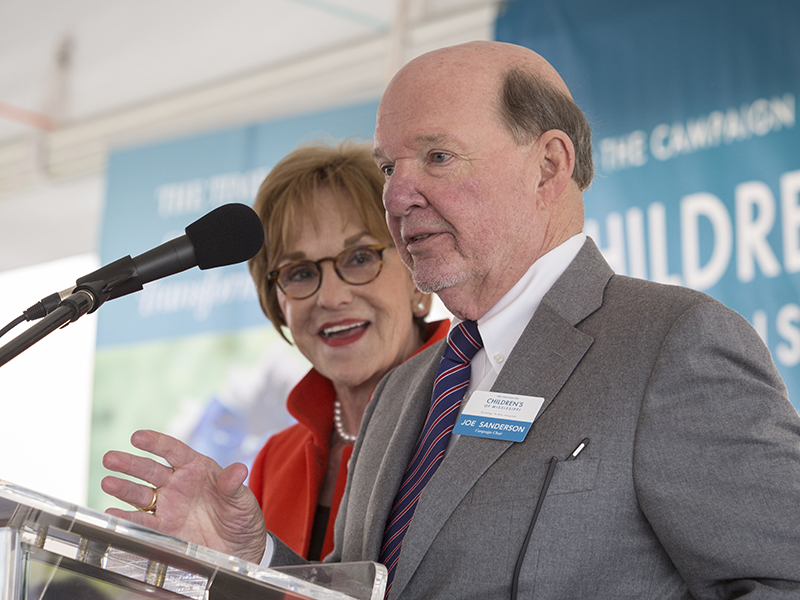 Joe Sanderson Jr. and wife Kathy celebrate the coming construction of a new seven-story children's tower adjacent to Batson Children's Hospital. The two chair the Campaign for Children's of Mississippi and launched the philanthropic effort with a $10 million personal donation.