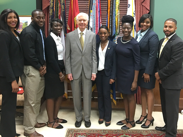 Students who were awarded RESULTS fellowships meet in late June with U.S. Sen. Thad Cochran, center, R-Mississippi, in his Washington, D.C. office are, from left, Wheeler, Adah, Carmichael, Davis, Ezekwe, Jefferson and Nunnery. Cochran is the chairman of the powerful Senate Appropriations Committee.