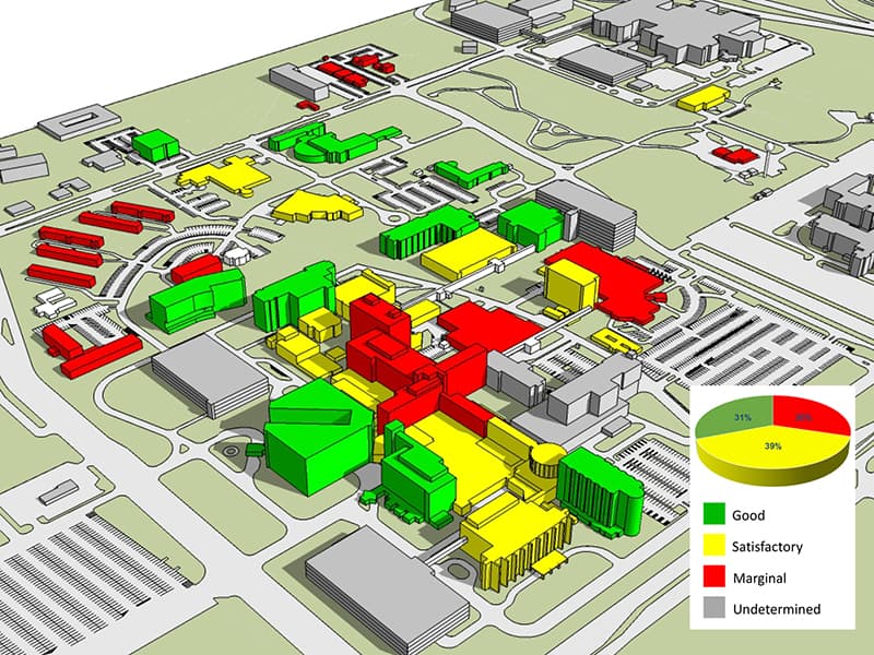 According to the new Campus Master Plan, the buildings in red indicate those requiring significant upgrades – not coincidentally, they include the oldest structures on campus.