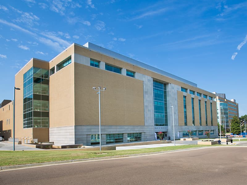 The University of Mississippi Medical Center’s new $76 million School of Medicine, pictured here shortly before its dedication in August 2017, is a state-of-the-art structure that spans 151,000 square feet.
