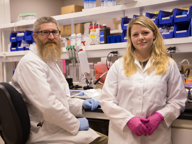 Dr. Michael Garrett, professor of pharmacology and toxicology, and Ashley Johnson, scientist, were part of a study that explored a potential new therapeutic for kidney disease.