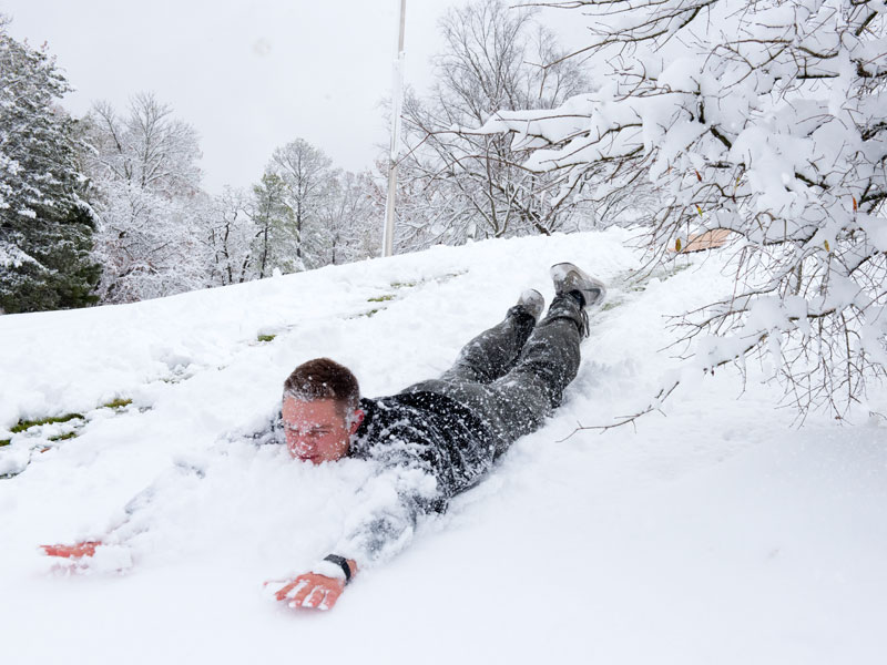 First-year physical therapy student Cole Stephens has no need for a sled to facilitate his snowy descent.
