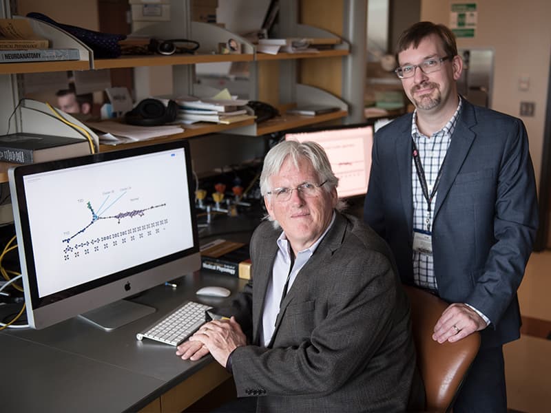 Dr. Robert Hester, seated, professor of physiology and biophysics, and Dr. Drew Pruett, instructor of physiology and biophysics are developing HumMod as a tool to enhance clinical trials. The product of nearly 50 years of research and development at UMMC, it is one of the most advanced models of its kind.