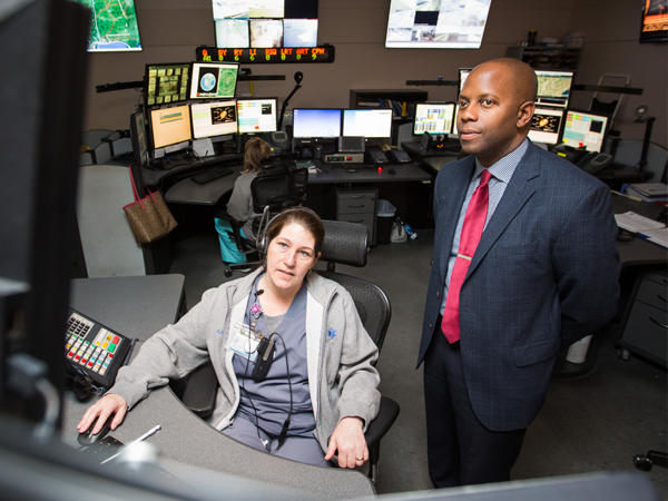 Before the lecture, Williams takes a tour of Mississippi MED-COM, where communications specialist Candice Talley describes how the department aids agencies throughout the state during emergencies.