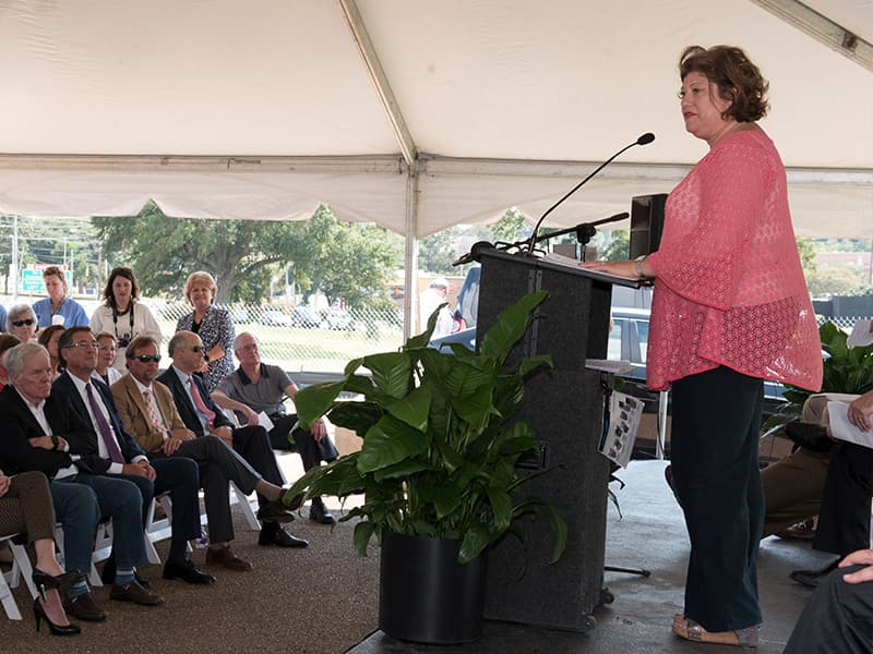 Cancer survivor Ramona Walters Anderson describes at Tuesday's groundbreaking ceremony how the Hope Lodge in Birmingham helped her.