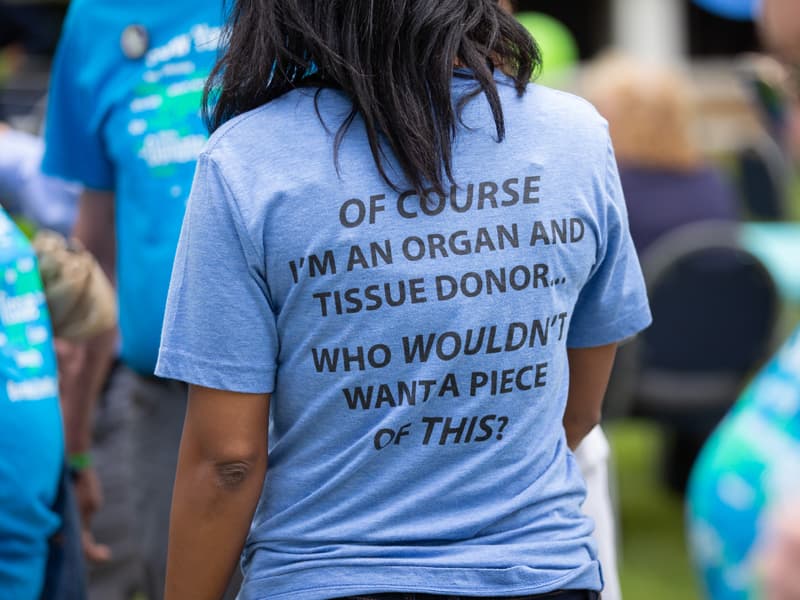 Participants in the 2018 Legacy Lap held April 13 on the UMMC campus wore T-shirts driving home the need for more organ donors.