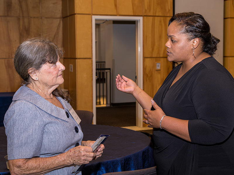 Baird and Pittman get acquainted during a Student Union reception celebrating Pittman as the first-ever recipient of the Alma Lowry Hill Chair of Family Medicine.