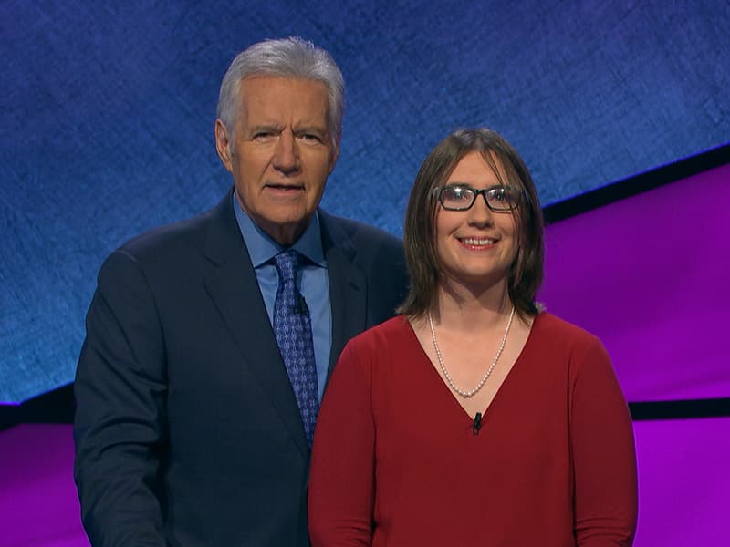 Karen Bascom with Alex Trebek on the set of “Jeopardy!”