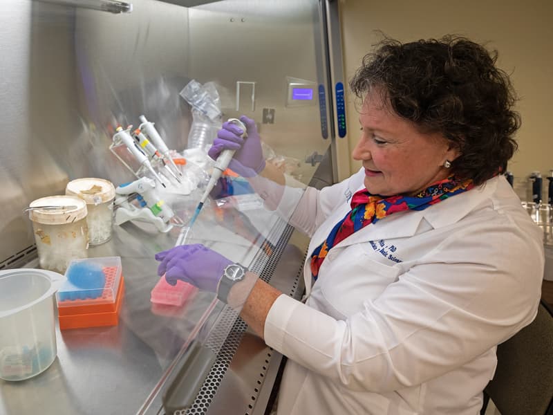 Dr. Nita Maihle, CCRI associate director for reseach, checks on work in her lab.