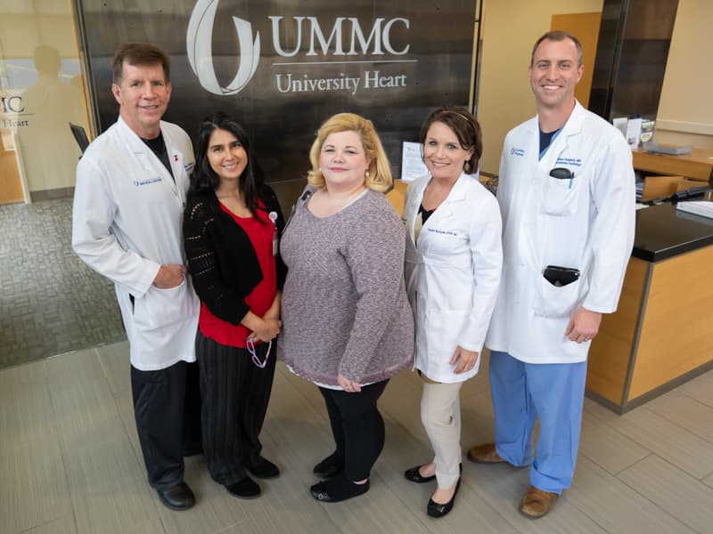 Members of the adult congenital heart team include, from left, Dr. Mike McMullan, Marlene Holloway, Teresa Temple, Camille Richards and Dr. William Campbell. Those not pictured include Dr. Brian Kogon and Laura Sumrall.